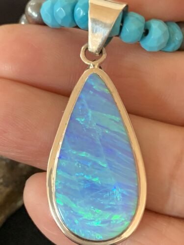 Navajo Blue Turquoise Necklace with Opal Pendant | Sterling Silver | Authentic Native American Handmade | 566