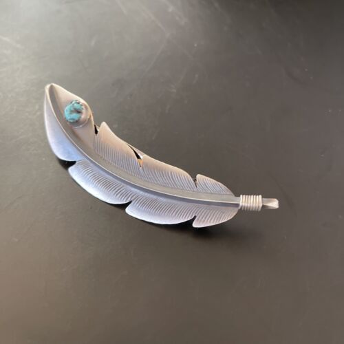 Handmade Sterling Silver Feather Barrette with Blue Turquoise Inlay | Authentic Navajo Jewelry | 2081