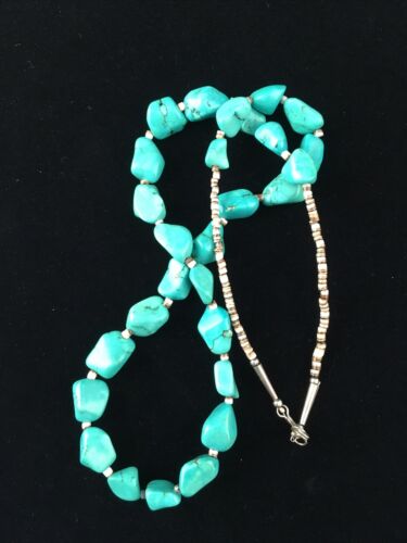 Navajo Blue Nugget Turquoise Heishi Necklace | Sterling Silver | 22" | Authentic Native American Handmade | 10064