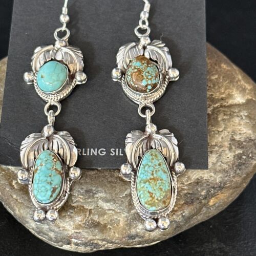 Navajo Blue #8 Turquoise Dangle Earrings | Sterling Silver | Authentic Native American Handmade | 14342