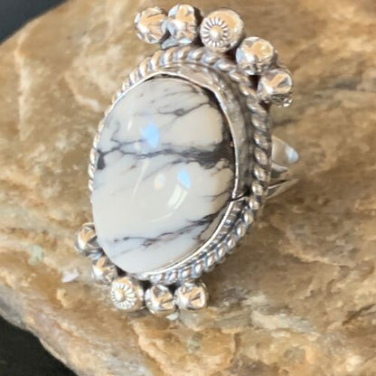 Navajo White Buffalo Turquoise Ring | Sterling Silver | Sz 8 | Authentic Native American Handmade | 13346