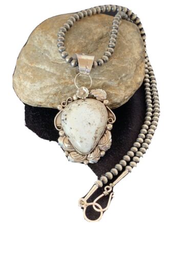 Navajo Pearls Necklace with White Buffalo Turquoise Pendant | Sterling Silver | Authentic Native American Handmade | 349