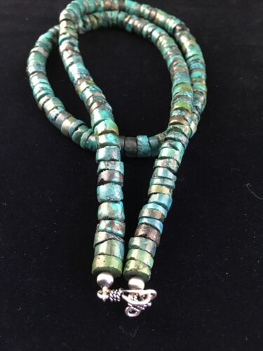 Native American Green Turquoise Heishi Necklace | Sterling Silver | 26" | 13901