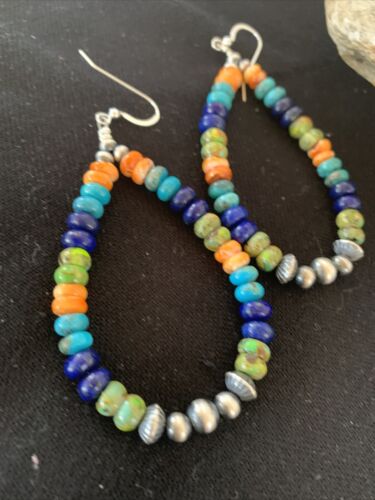 Navajo Sterling Silver Bead Earrings | Spiny, Turquoise & Lapis Dangle | Authentic Native American Handmade | 1413