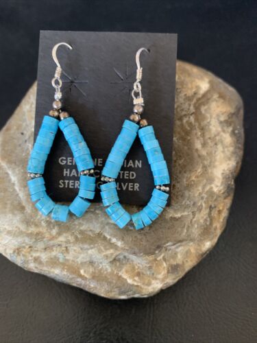 US Turquoise Heishi Sterling Silver Navajo Pearls Beads Earrings 1.5" 13044