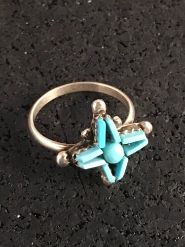 Zuni Blue Turquoise Needle Point Ring | Authentic Native American Sterling Silver | Multi-Stone | Sz 6 | 8776