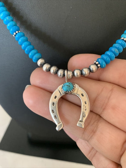 Navajo Blue Turquoise Naja Pendant | Sterling Silver Chain | Authentic Native American Handmade | 01944