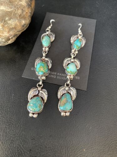 Navajo Green Turquoise Earrings | Sonoran Gold | Sterling Silver | 3 Dangle | Authentic Native American Handmade | 13925