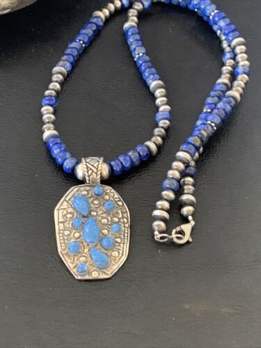 Navajo Sterling Silver Blue Denim Lapis Necklace Pendant | Multi-Stone | Authentic Native American Handmade | 12262