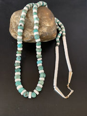 Authentic Native American Santo Domingo Necklace | Blue Turquoise & White Shell Beads | 34" | 13198