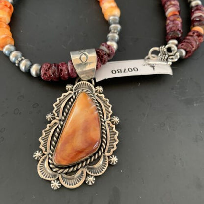 Navajo Sterling Silver Necklace | Orange Purple Spiny Oyster Pendant | 00780