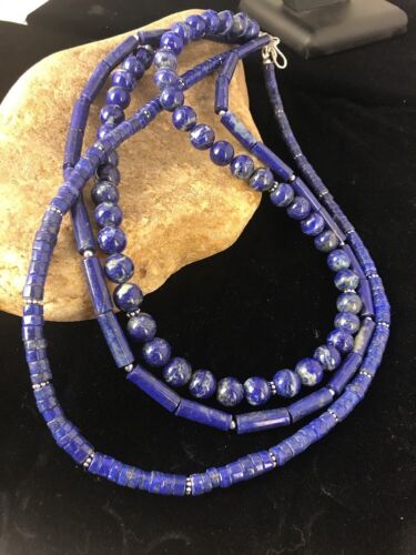 Native American Denim Lapis Necklace | 3 Strand Sterling Silver Tube Bead | 22" | 3869