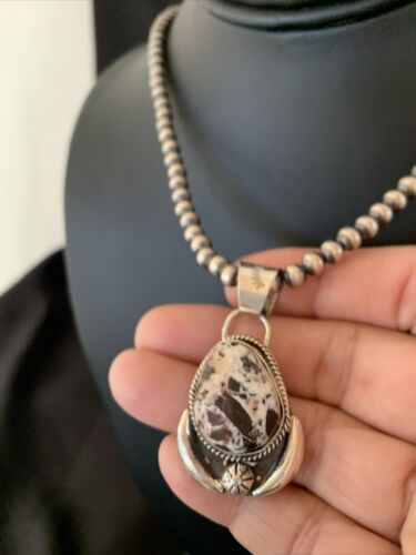 Navajo White Buffalo Turquoise Pendant Necklace | Sterling Silver | Authentic Native American Handmade | 11401