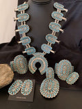 Navajo Blue Turquoise Squash Blossom Necklace | Sterling Silver | 7Pc Cluster Pendant | 12084