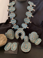 Navajo Blue Turquoise Squash Blossom Necklace | Sterling Silver | 7Pc Cluster Pendant | 12084