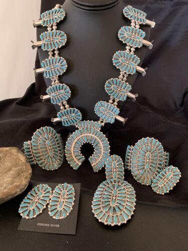 Navajo Blue Turquoise Squash Blossom Necklace | Sterling Silver | 7Pc Cluster Pendant | 12084