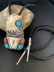 Navajo Eagle Head Bolo Tie | Men's Blue Kingman Turquoise Coral | Sterling Silver | 13670