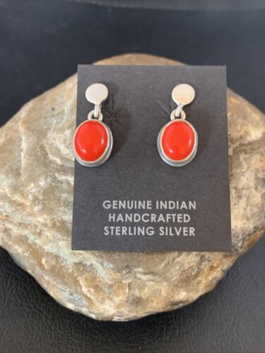 Native American Navajo Red Coral Dangle Earrings | Sterling Silver | 1" | 13114 - Masha USA