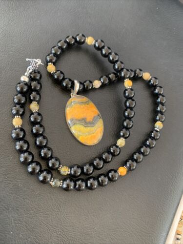 Men's Navajo Pearls Onyx Bumblebee Jasper Pendant Necklace | Sterling Silver | Native American Handmade | 10324