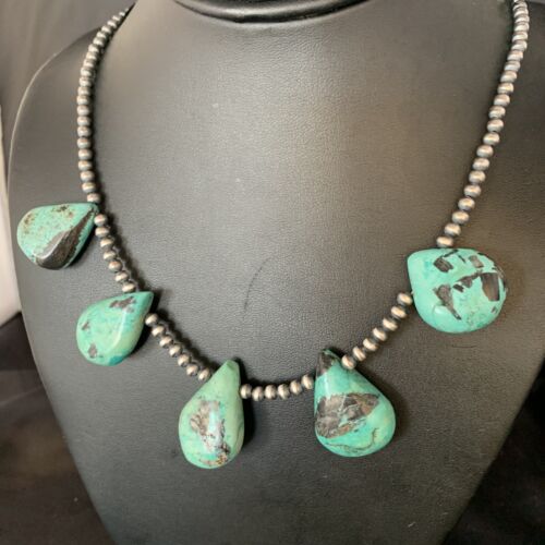 Navajo Teardrop Blue Turquoise Necklace | Sterling Silver Pearls | 20" | Authentic Native American Handmade | 13959