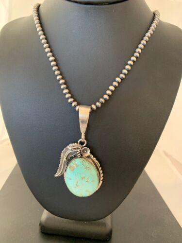 Men's Navajo Pearls | Sterling Silver | Blue Turquoise #8 Necklace & Pendant Set | 13749