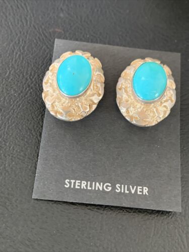 Navajo Clip-On Earrings Women's Nugget Sterling Silver Blue Turquoise 13373
