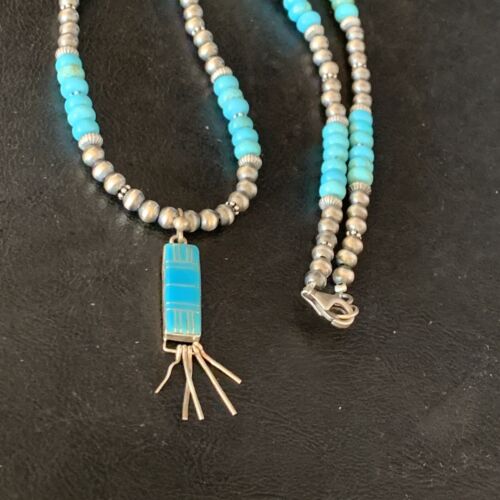 Navajo Blue Turquoise Pendant Necklace | Sterling Silver | Authentic Native American Handmade | 13835