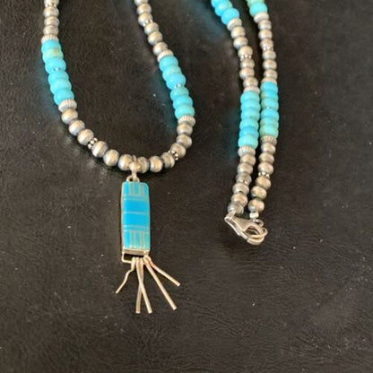 Navajo Blue Turquoise Pendant Necklace | Sterling Silver | Authentic Native American Handmade | 13835 - Masha USA