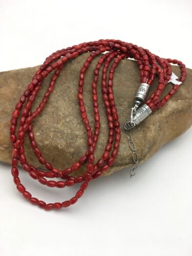 Navajo Red Bamboo Coral 4 Strand Necklace | Sterling Silver | 21" | Authentic Native American Handmade | 2875