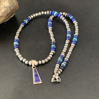 Men's Navajo Pearl Blue Lapis Turquoise Inlay Pendant Necklace | Sterling Silver | 21" | 12610