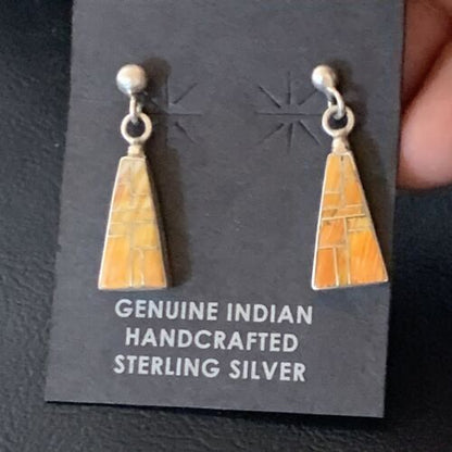 Navajo Orange Spiny Oyster Inlay Earrings | Sterling Silver | Authentic Native American Handmade | 12677