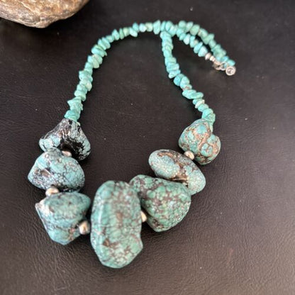 Navajo Blue Turquoise Nugget Necklace | Sterling Silver | Authentic Native American Handmade | 20" | 14419
