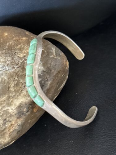 Southwestern Old Pawn Blue Turquoise Inlay Bracelet | Sterling Silver | Authentic Native American Handmade | 14531