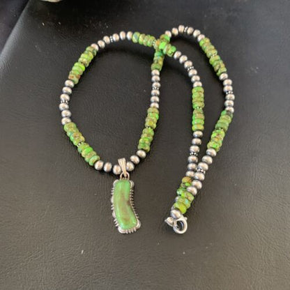 Navajo Green Gaspeite Turquoise Pendant | Sterling Silver | Authentic Native American Handmade | 13272