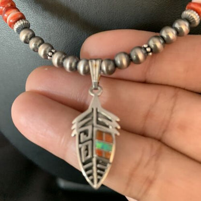 Navajo Red Spiny Oyster & Green Turquoise Pendant Necklace | Sterling Silver | Authentic Native American Handmade | 13619