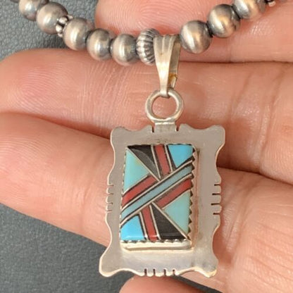 Navajo Multi-Color Turquoise Onyx Inlay Pendant Necklace | Sterling Silver | Authentic Native American Handmade | 13559