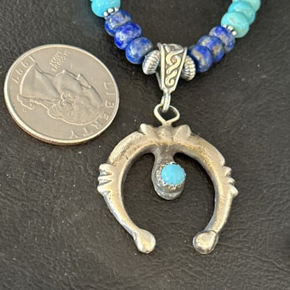 Navajo Blue Turquoise Lapis Necklace Pendant | Authentic Native American Sterling Silver | Naja | 14638