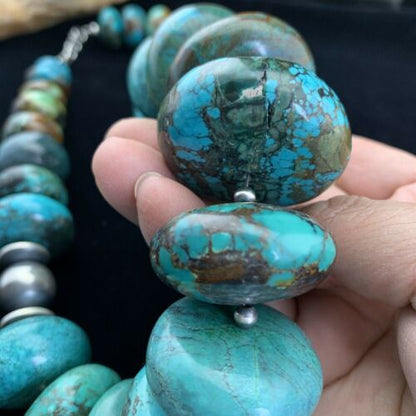 Navajo Pearl Sterling Silver Necklace | Graduated Blue Chunky Turquoise | Authentic Native American | 24" | 01743