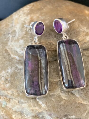Navajo Purple Sugilite Amethyst Dangle Post Earrings | Sterling Silver | Authentic Native American Handmade | 1566