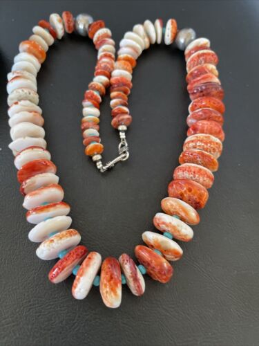 Navajo Turquoise & Red Spiny Oyster Necklace | Sterling Silver | Authentic Native American | Graduated | 22" | 10589 - Masha USA