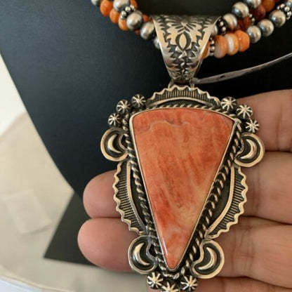 Navajo Red Spiny Oyster Pendant | Sterling Silver | Native American Handmade | Multi-Strand Necklace | 1659