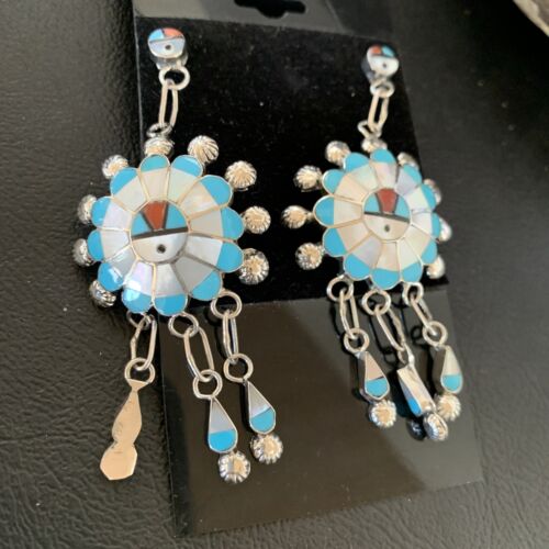 Zuni Sun Face Kingman Turquoise White Mother of Pearl Dangle Earrings | Sterling Silver | 12125