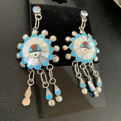 Zuni Sun Face Kingman Turquoise White Mother of Pearl Dangle Earrings | Sterling Silver | 12125