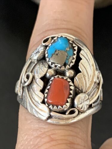Navajo Feather Ring with Blue Kingman Turquoise, Coral, and Multi-Stone | Authentic Native American Sterling Silver | Sz 11 | 12216