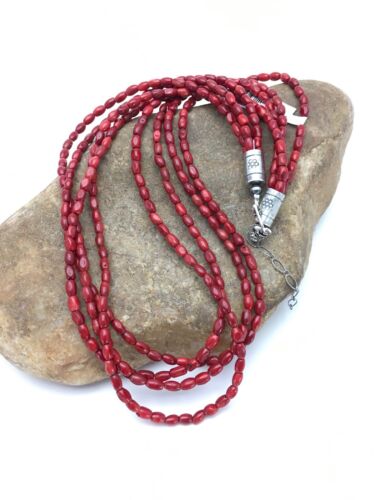 Navajo Red Bamboo Coral 4 Strand Necklace | Sterling Silver | 21" | Authentic Native American Handmade | 2875