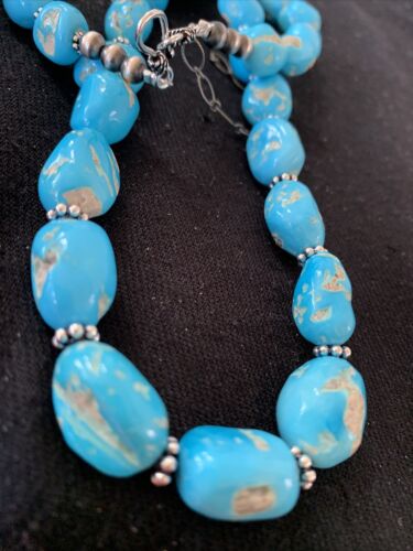 Navajo Sleeping Beauty Turquoise Beads Necklace | Sterling Silver Pearls | Authentic Native American Handmade | 00800