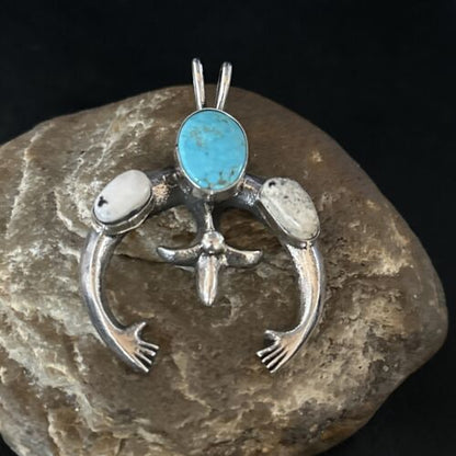Navajo Blue Kingman Turquoise White Buffalo Naja Pendant | Sterling Silver | Authentic Native American Handmade | 14669 - Masha USA