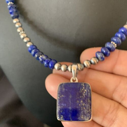 Native American Navajo Blue Lapis Pendant Necklace | Sterling Silver | Authentic Handmade | 11671 - Masha USA