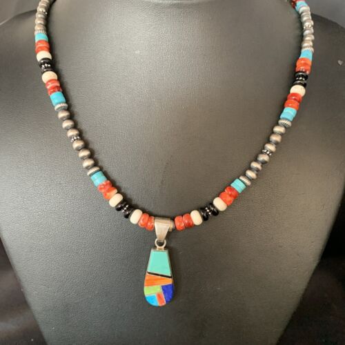 Navajo Blue Turquoise Inlay Pendant Necklace | Sterling Silver | Authentic Native American Handmade | 13865