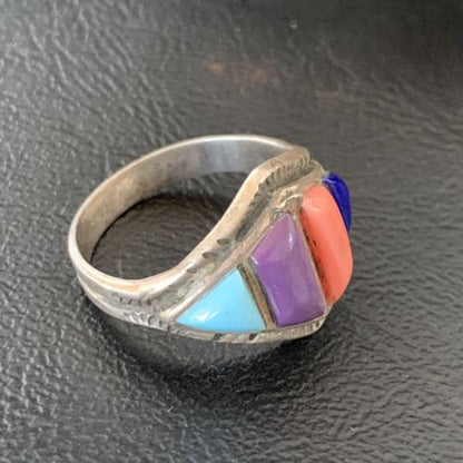 Navajo Multi-Color Turquoise Sugilite Coral Lapis Inlay Ring | Sterling Silver | Sz 9 | 12396